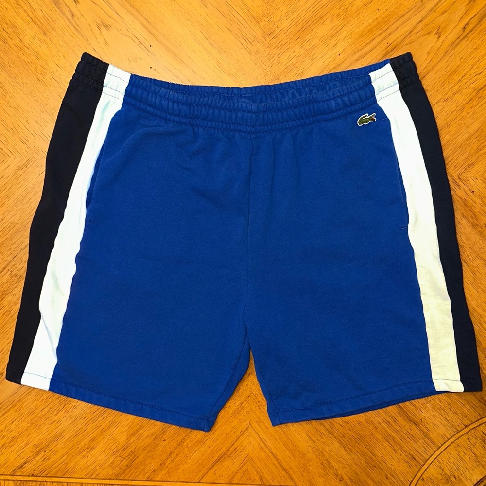 Lacoste Brushed Fleece Blue Colorblock Logo Shorts Mens Size 8 3XL Sweatshorts